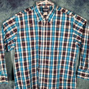 Wrangler Pearl Snap Blue Plaid Western Shirt Men's 2XL Long Sleeve Rodeo XXL